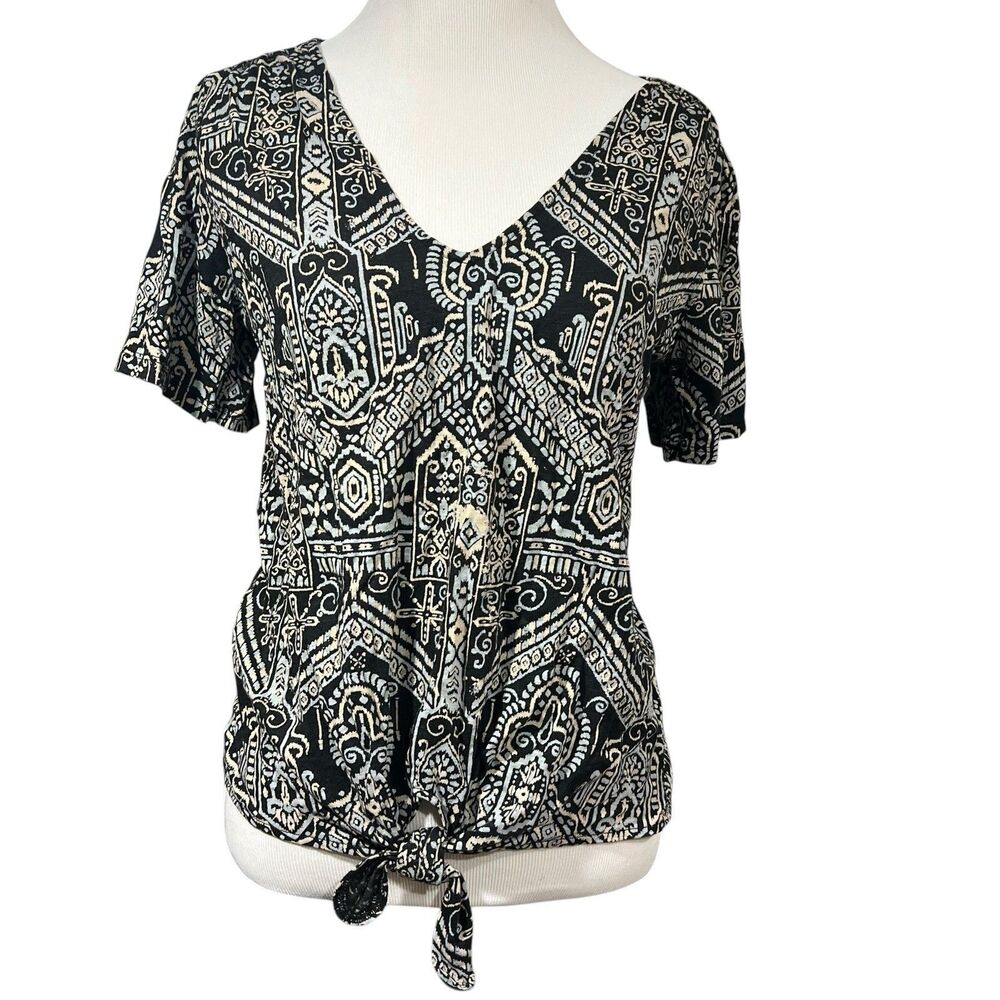 Lucky Brand Boho Front Tie Top Women’s S V-Neck Short Sleeve Muted Colors black